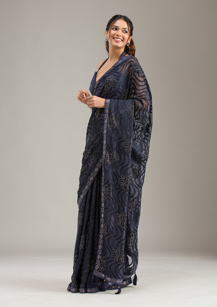 Navy Blue Stonework Chiffon Saree