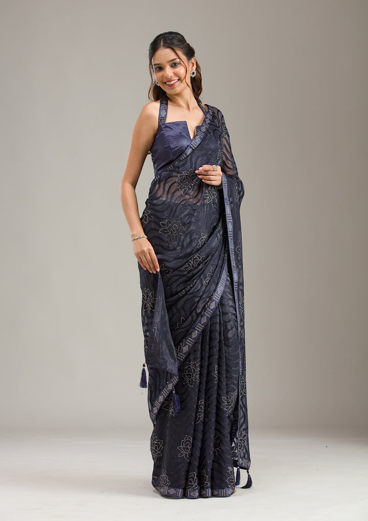 Navy Blue Stonework Chiffon Saree