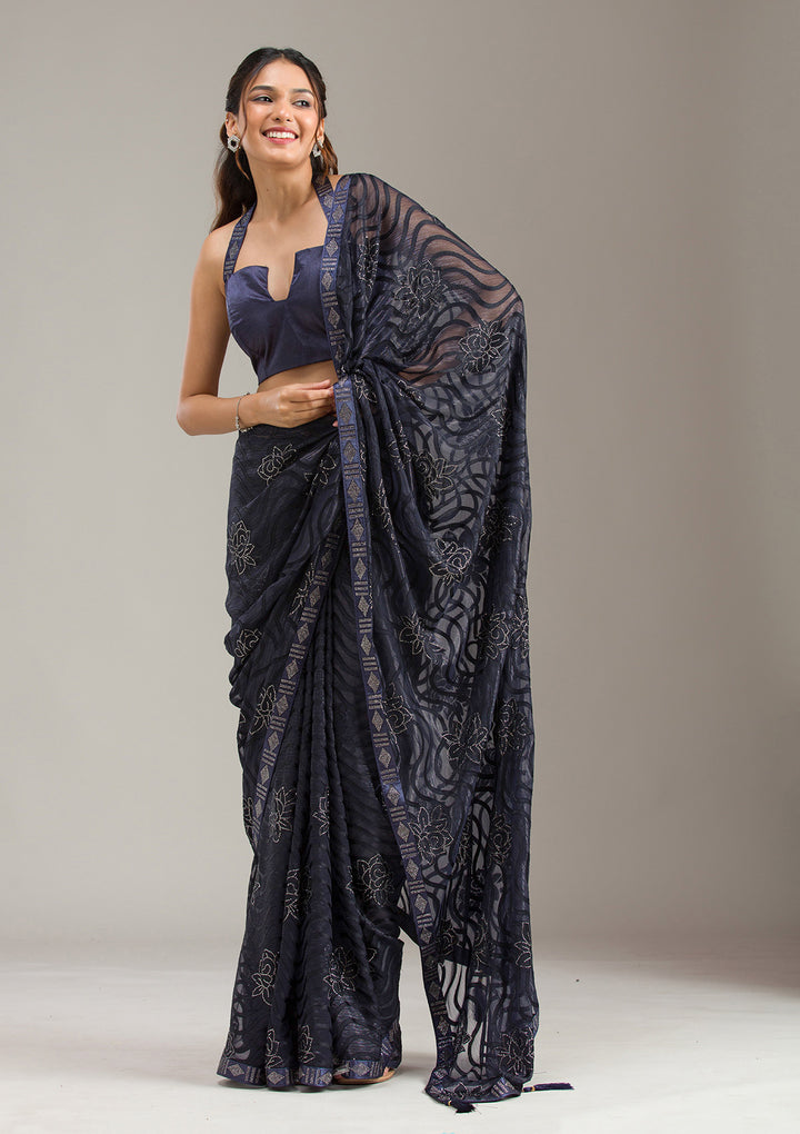 Navy Blue Stonework Chiffon Saree