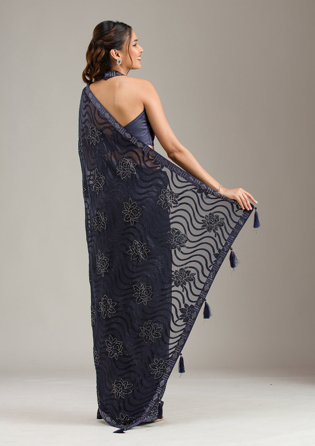 Navy Blue Stonework Chiffon Saree