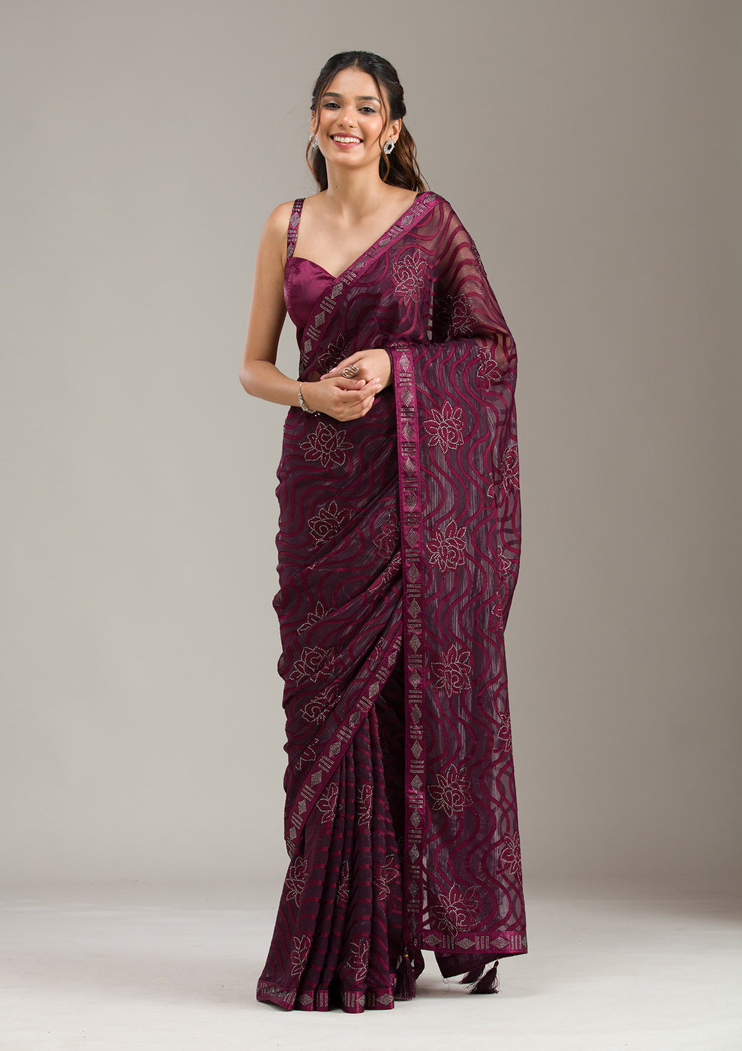 Wine Stonework Chiffon Saree