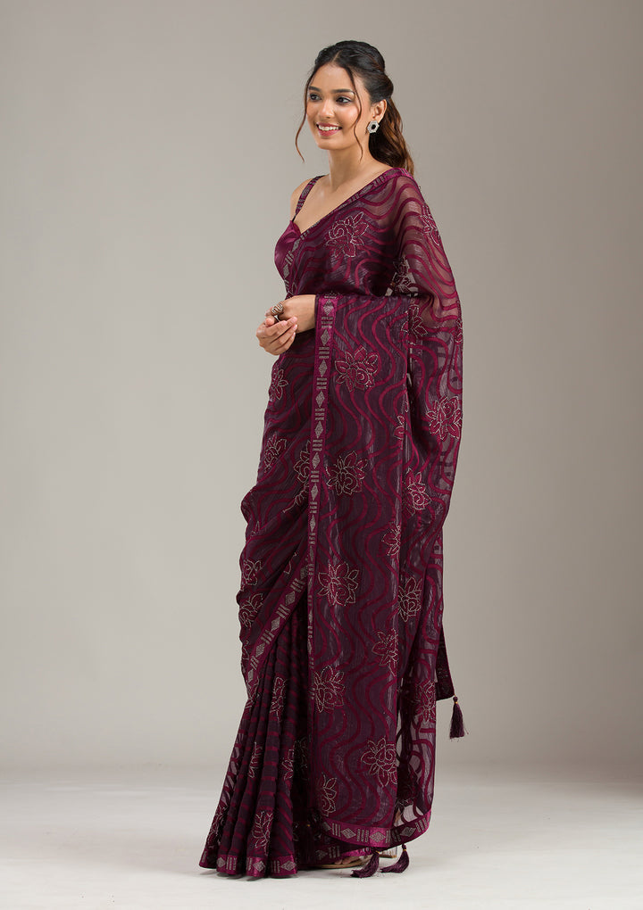 Wine Stonework Chiffon Saree