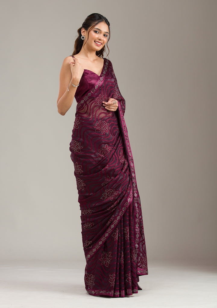 Wine Stonework Chiffon Saree