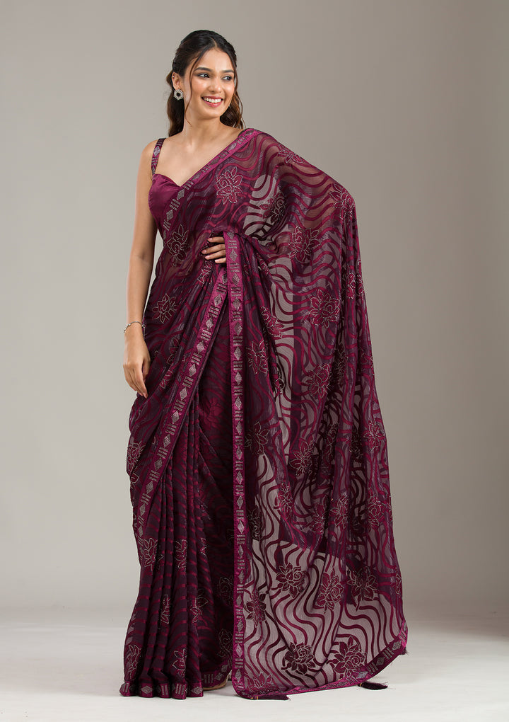 Wine Stonework Chiffon Saree