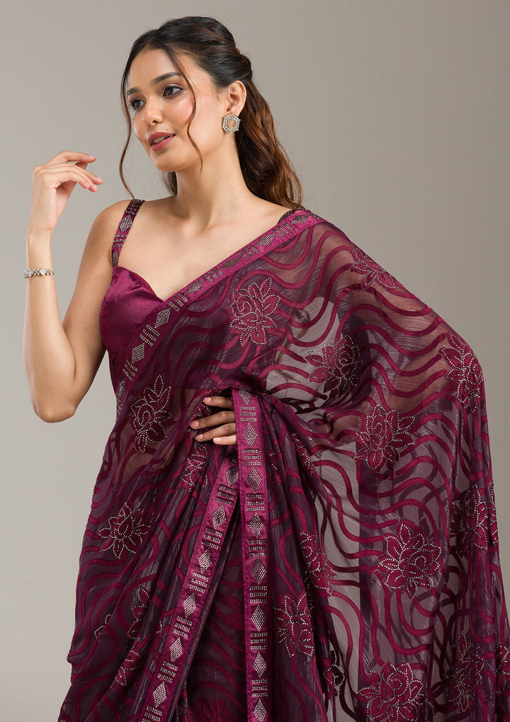 Wine Stonework Chiffon Saree