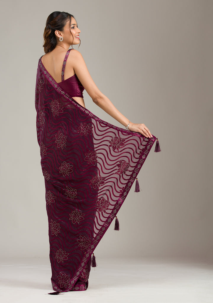 Wine Stonework Chiffon Saree