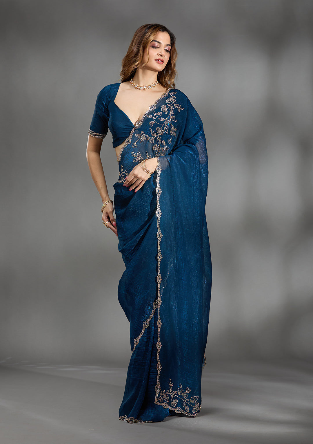 Navy Blue Stonework (Gold) Georgette Saree