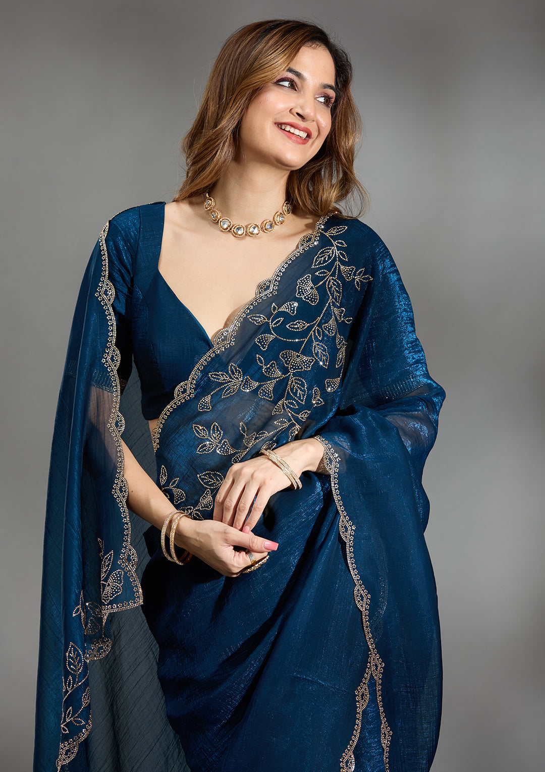 Navy Blue Stonework (Gold) Georgette Saree