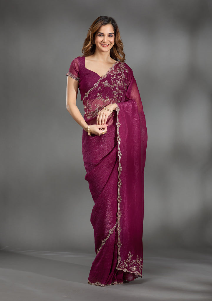 Wine Stonework (Gold) Georgette Saree