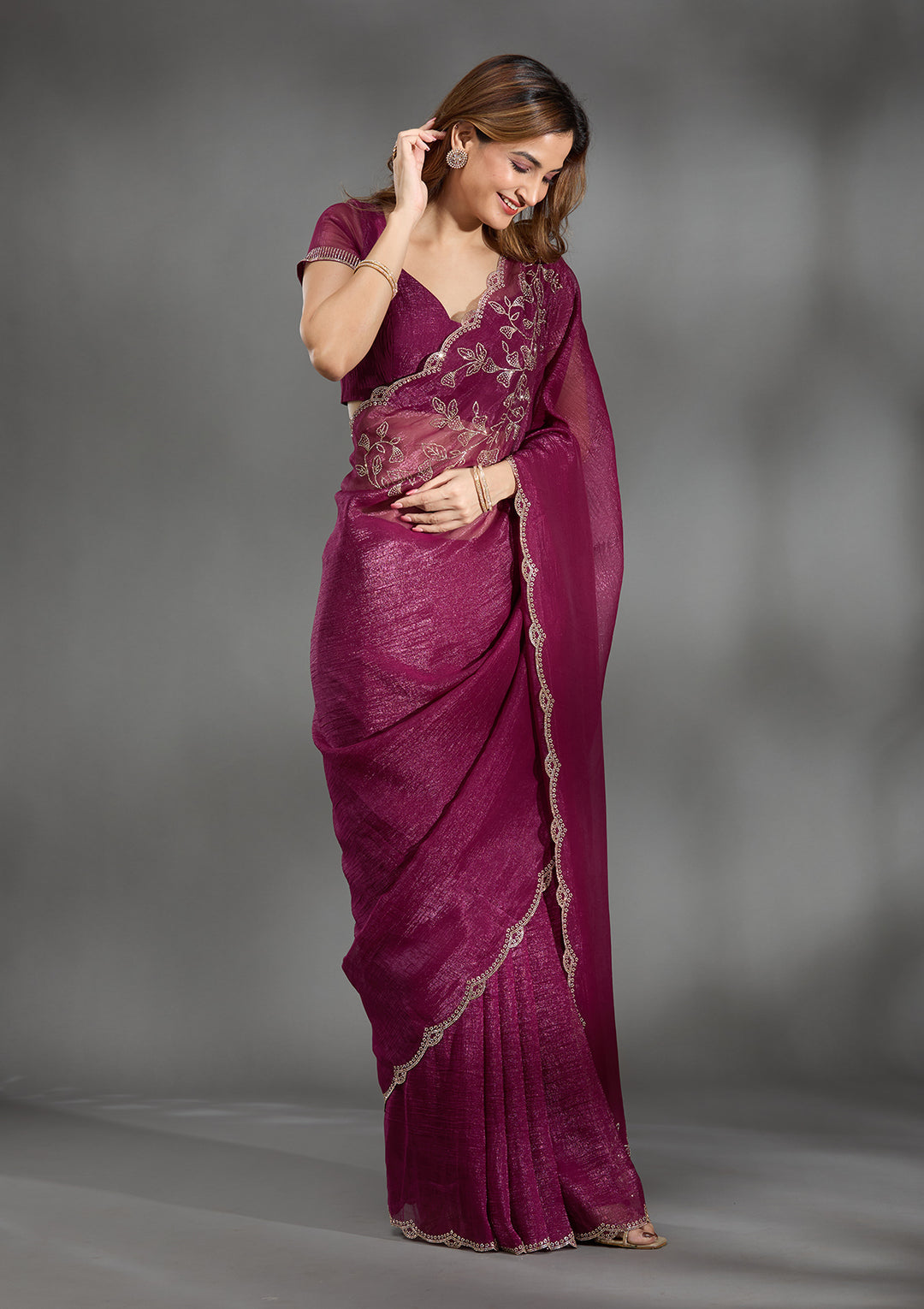 Wine Stonework (Gold) Georgette Saree