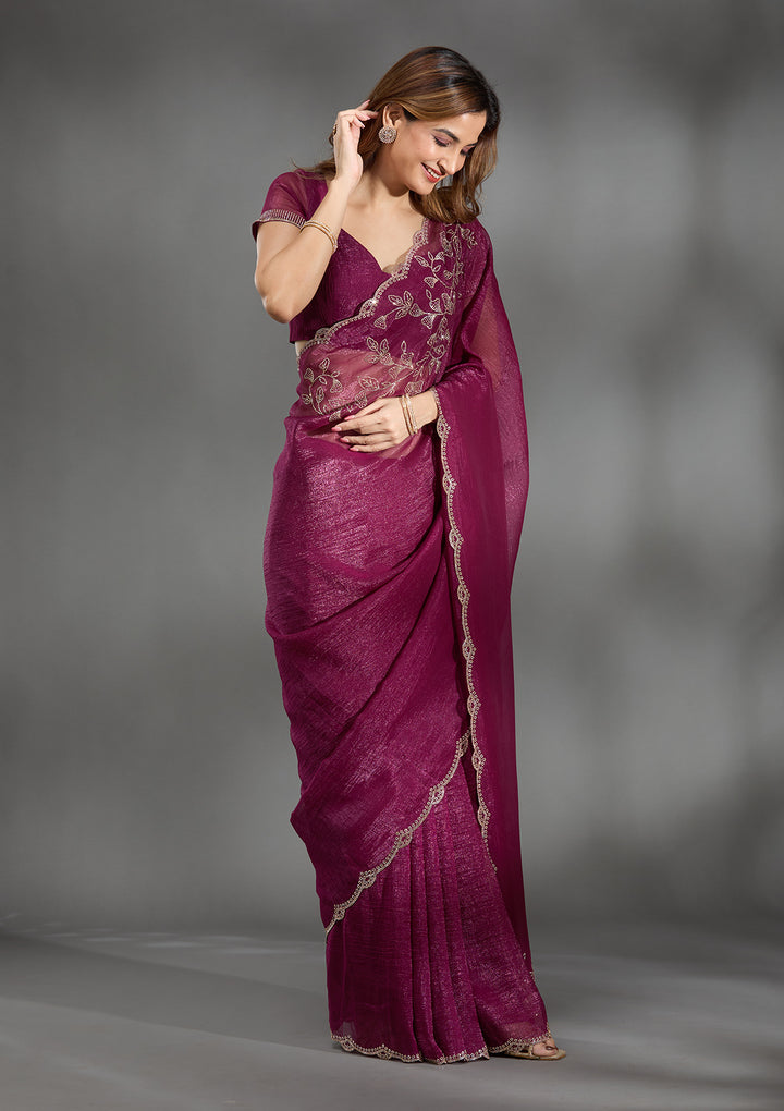 Wine Stonework (Gold) Georgette Saree