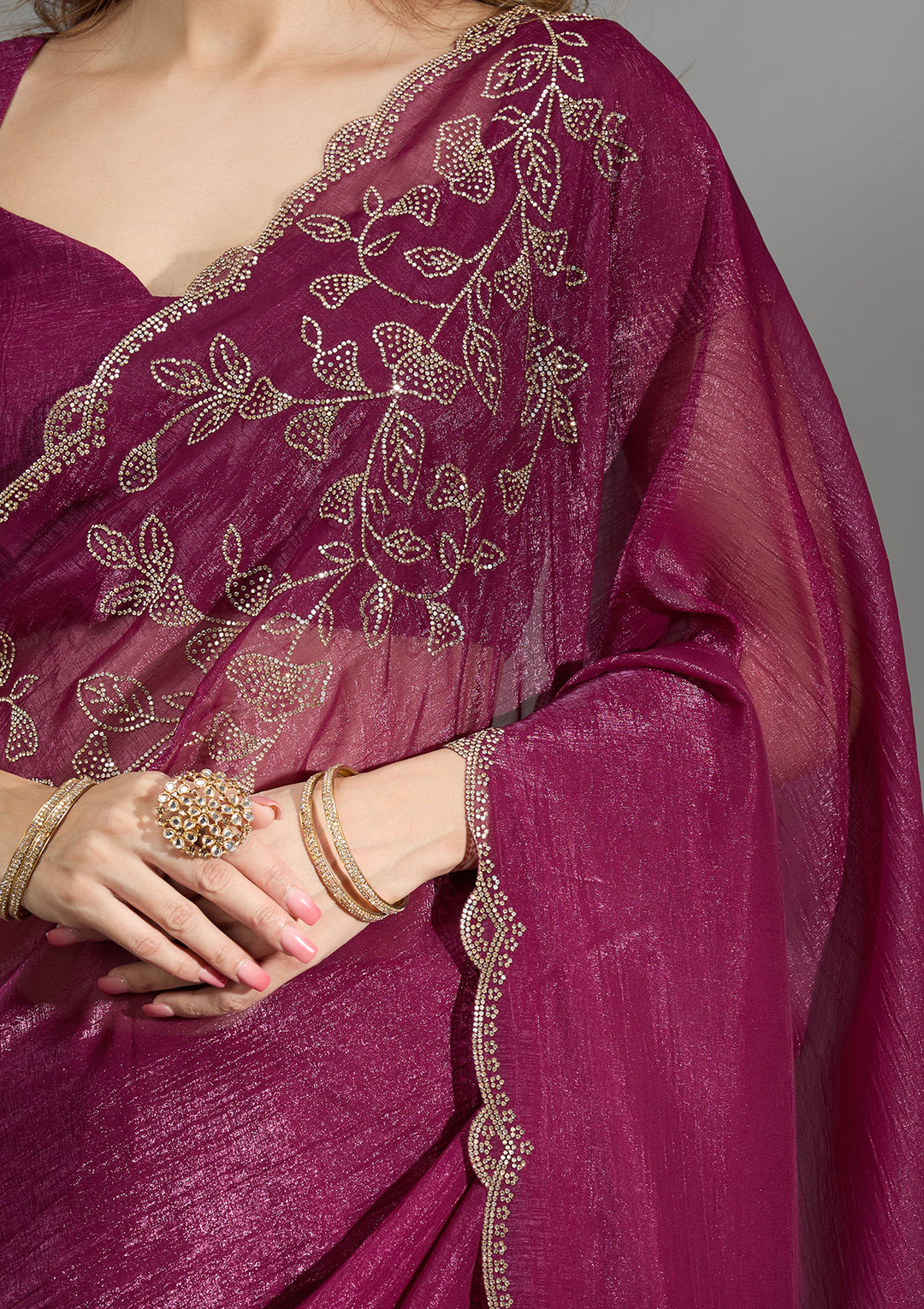 Wine Stonework (Gold) Georgette Saree