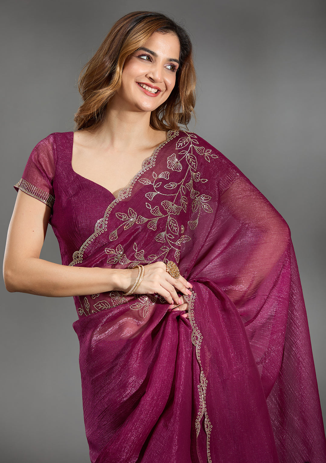 Wine Stonework (Gold) Georgette Saree