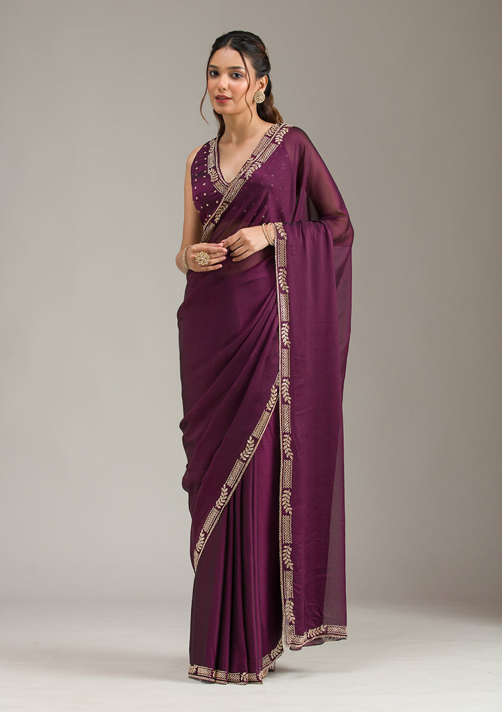 Wine Stonework (Gold) Georgette Saree