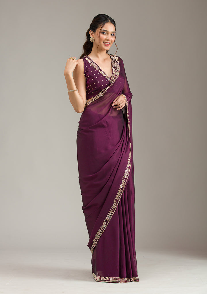 Wine Stonework (Gold) Georgette Saree