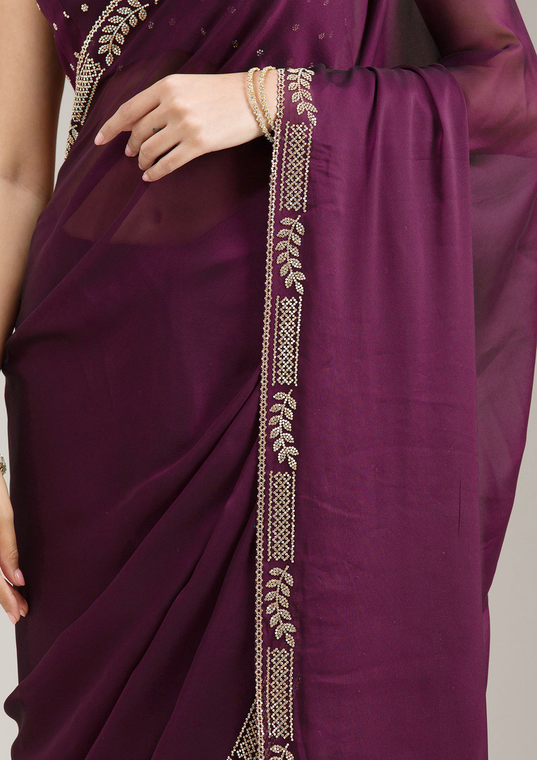 Wine Stonework (Gold) Georgette Saree