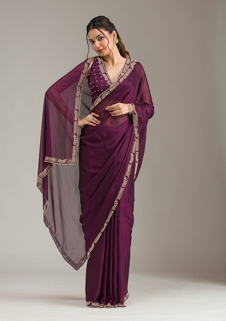 Wine Stonework (Gold) Georgette Saree