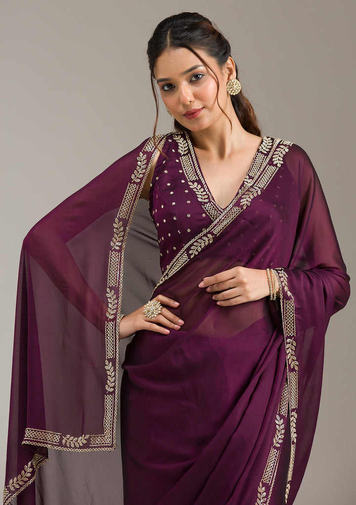 Wine Stonework (Gold) Georgette Saree