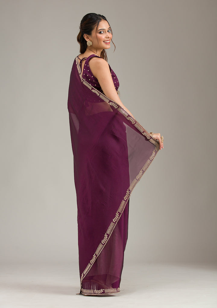 Wine Stonework (Gold) Georgette Saree