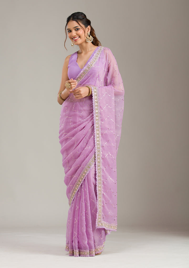 Lavender Stonework Soft Raw Silk Saree