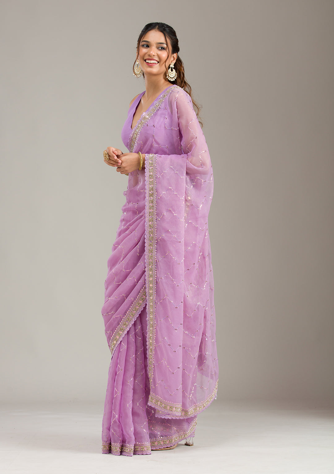Lavender Stonework Soft Raw Silk Saree