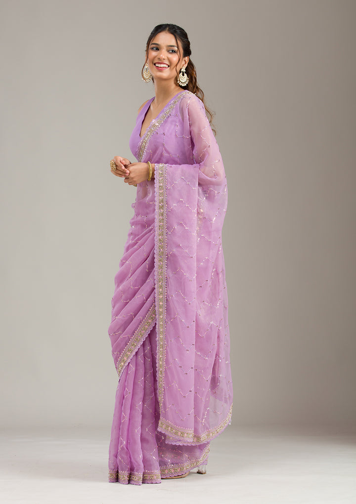 Lavender Stonework Soft Raw Silk Saree