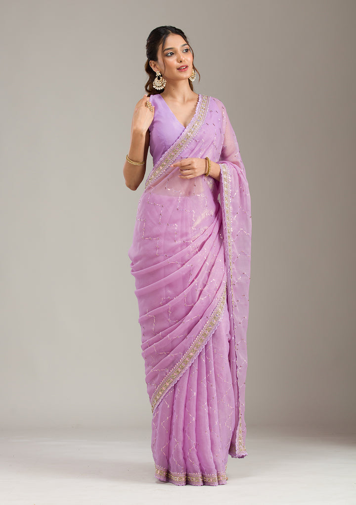 Lavender Stonework Soft Raw Silk Saree