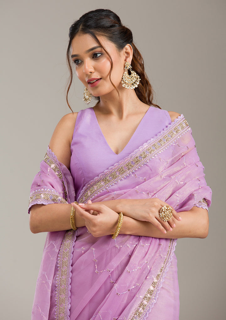Lavender Stonework Soft Raw Silk Saree