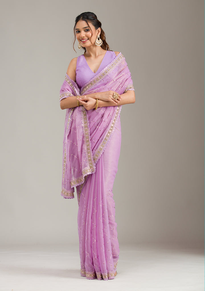 Lavender Stonework Soft Raw Silk Saree