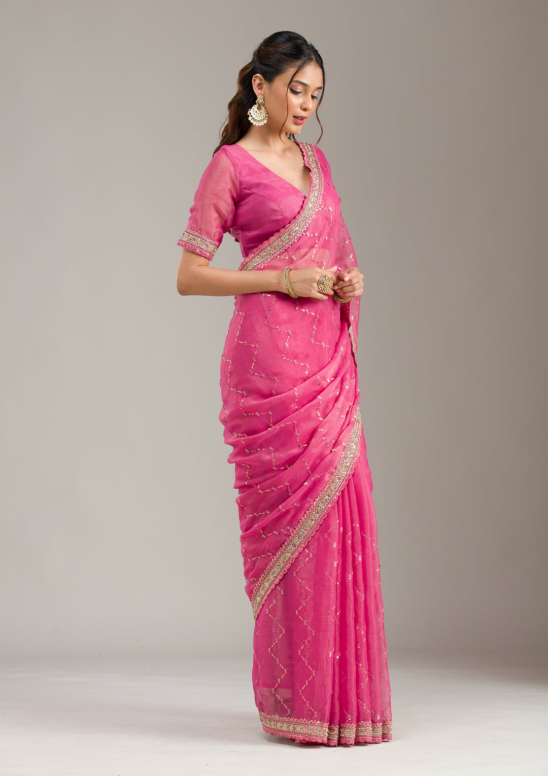 Pink Stonework (Gold) Tissue Saree