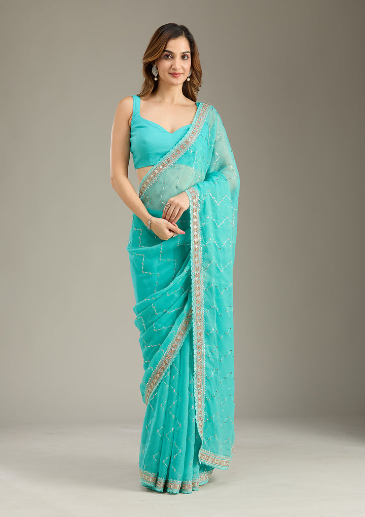 Sea Green Stonework (Gold) Tissue Saree