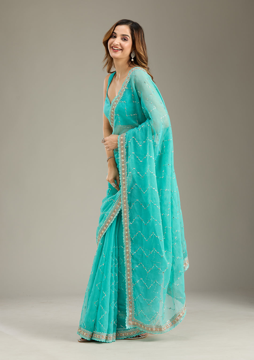 Sea Green Stonework (Gold) Tissue Saree