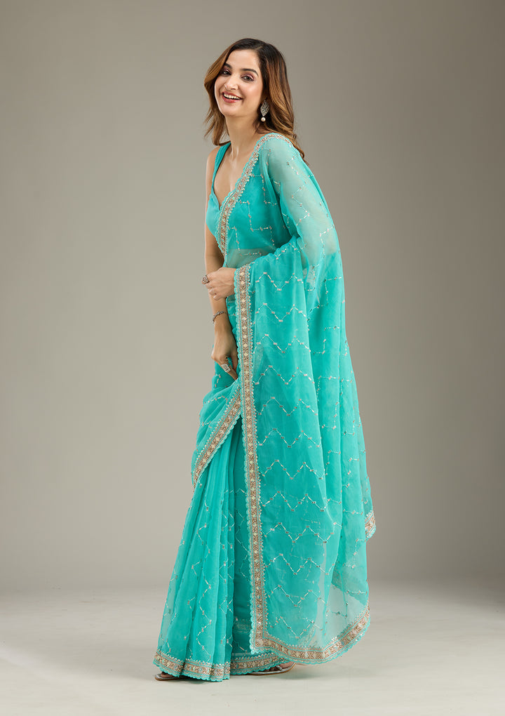 Sea Green Stonework (Gold) Tissue Saree
