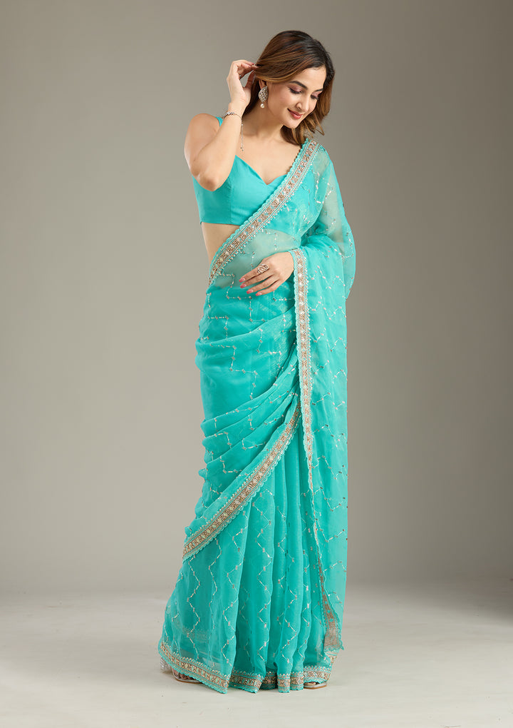 Sea Green Stonework (Gold) Tissue Saree
