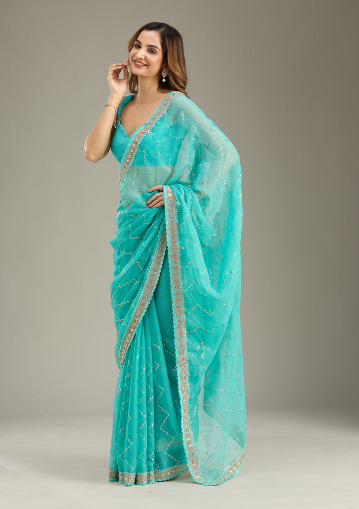 Sea Green Stonework (Gold) Tissue Saree