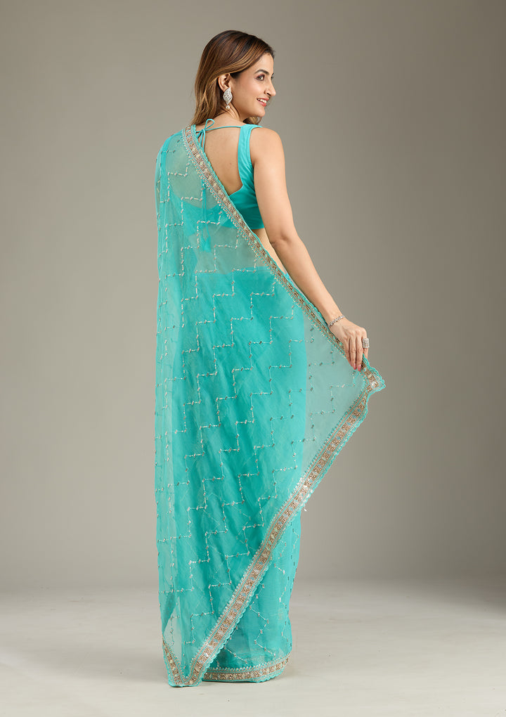 Sea Green Stonework (Gold) Tissue Saree