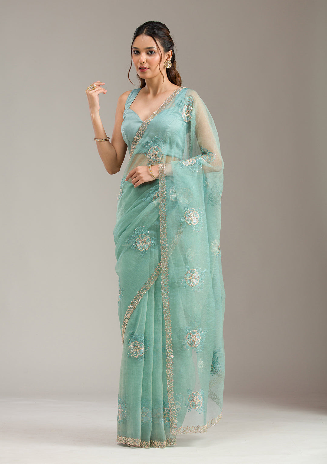 Sea Green Threadwork Chiffon Saree