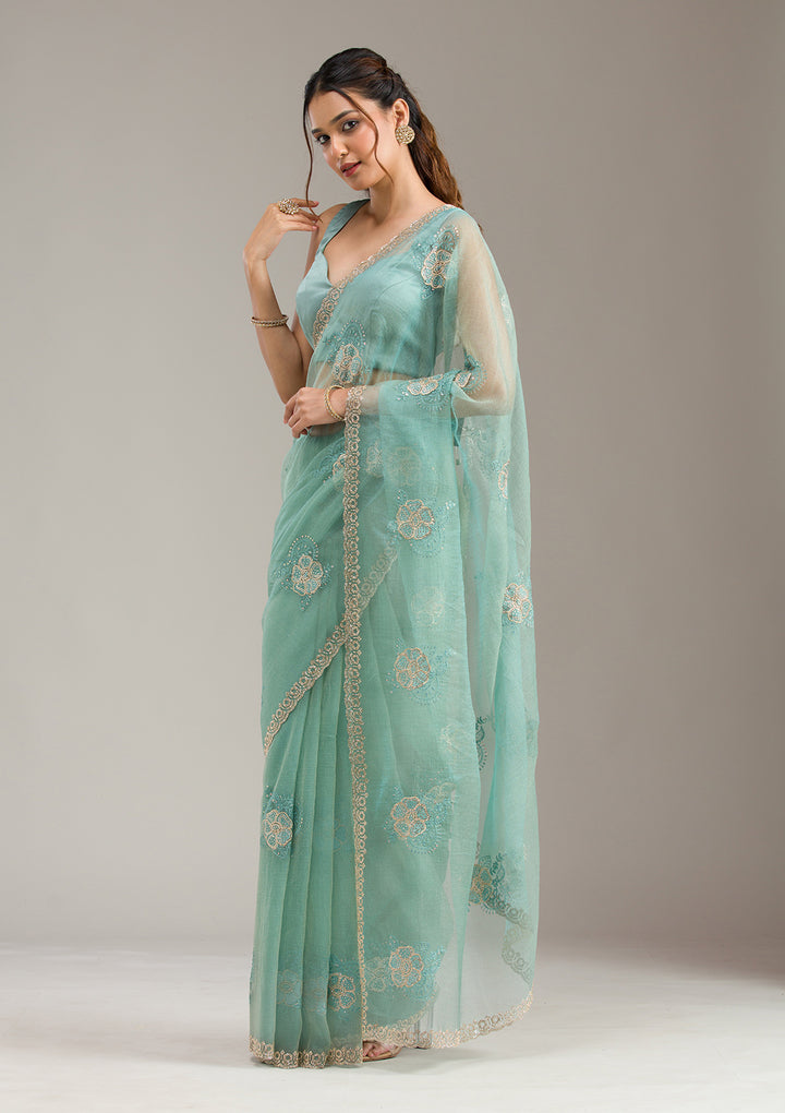 Sea Green Threadwork Chiffon Saree