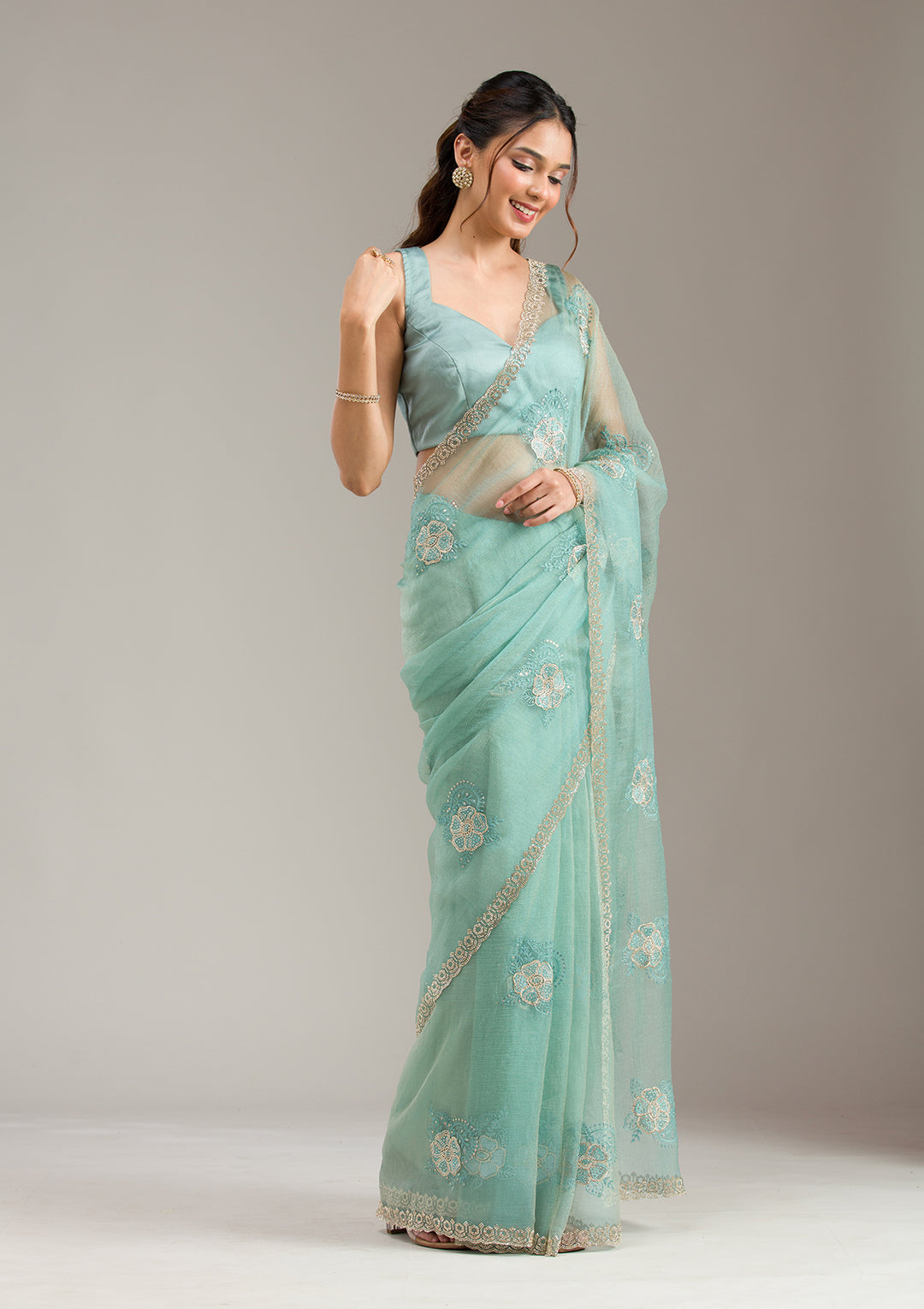 Sea Green Threadwork Chiffon Saree