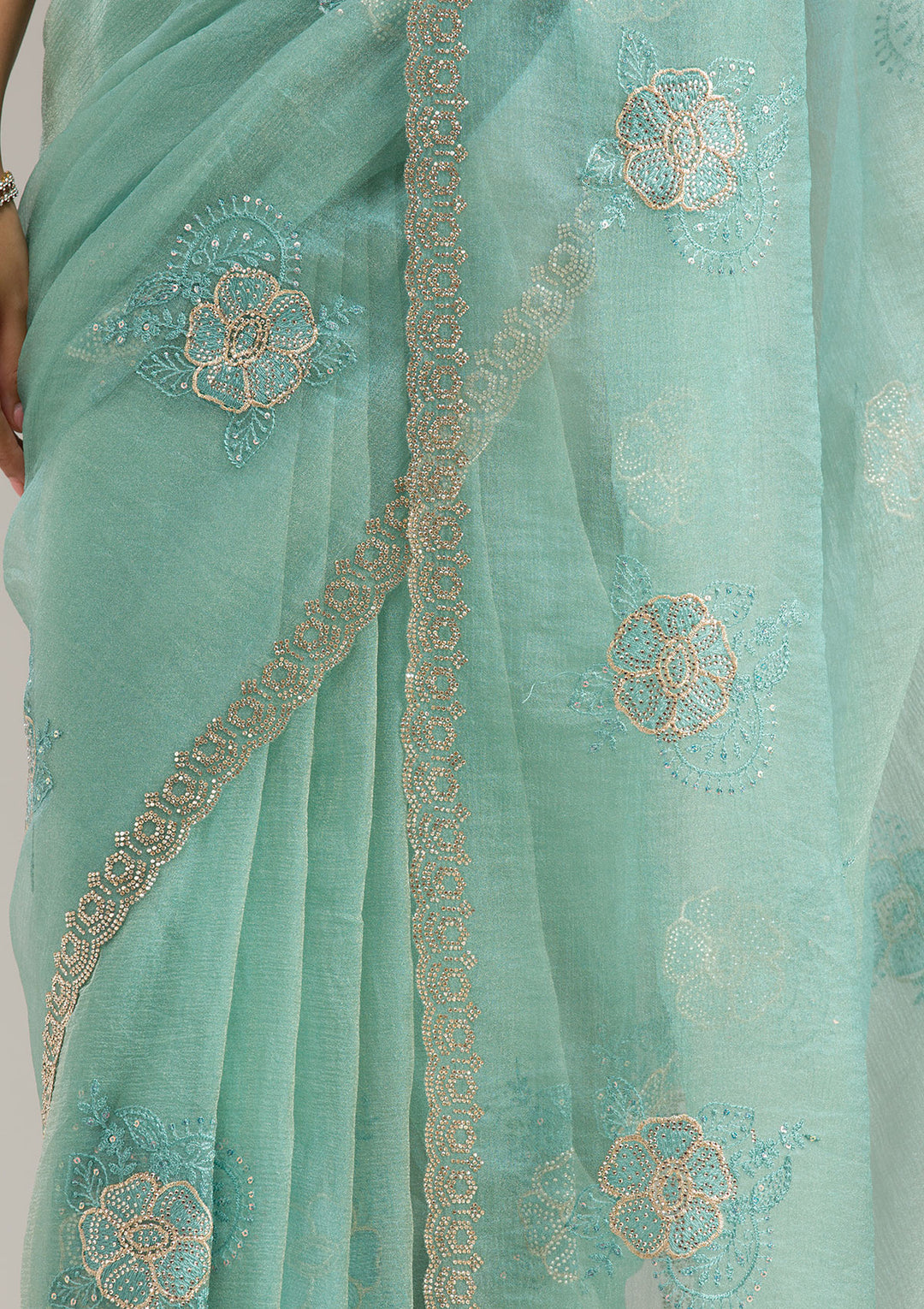 Sea Green Threadwork Chiffon Saree
