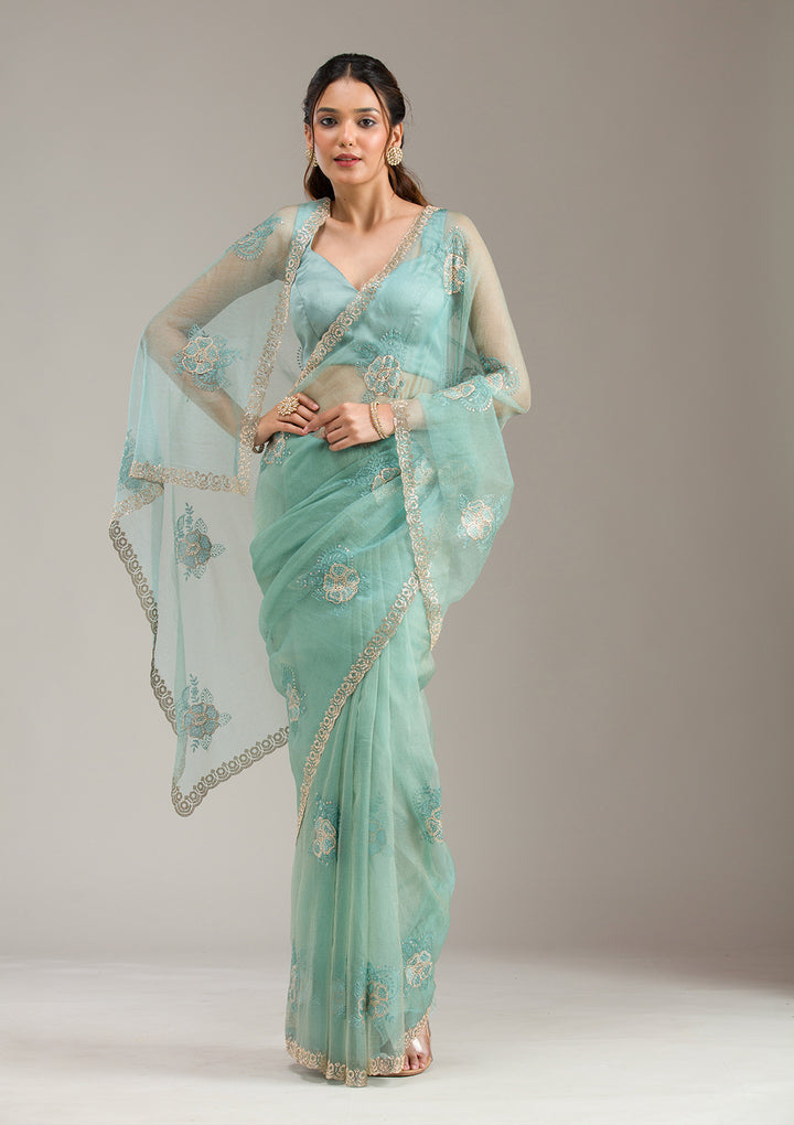 Sea Green Threadwork Chiffon Saree