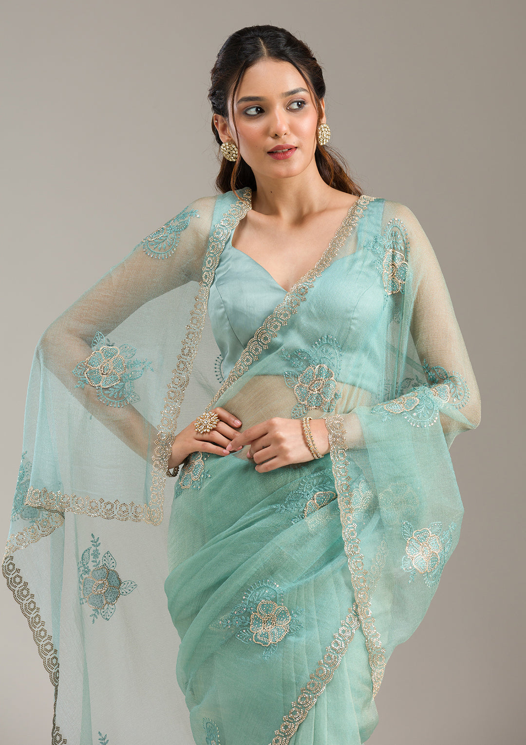 Sea Green Threadwork Chiffon Saree