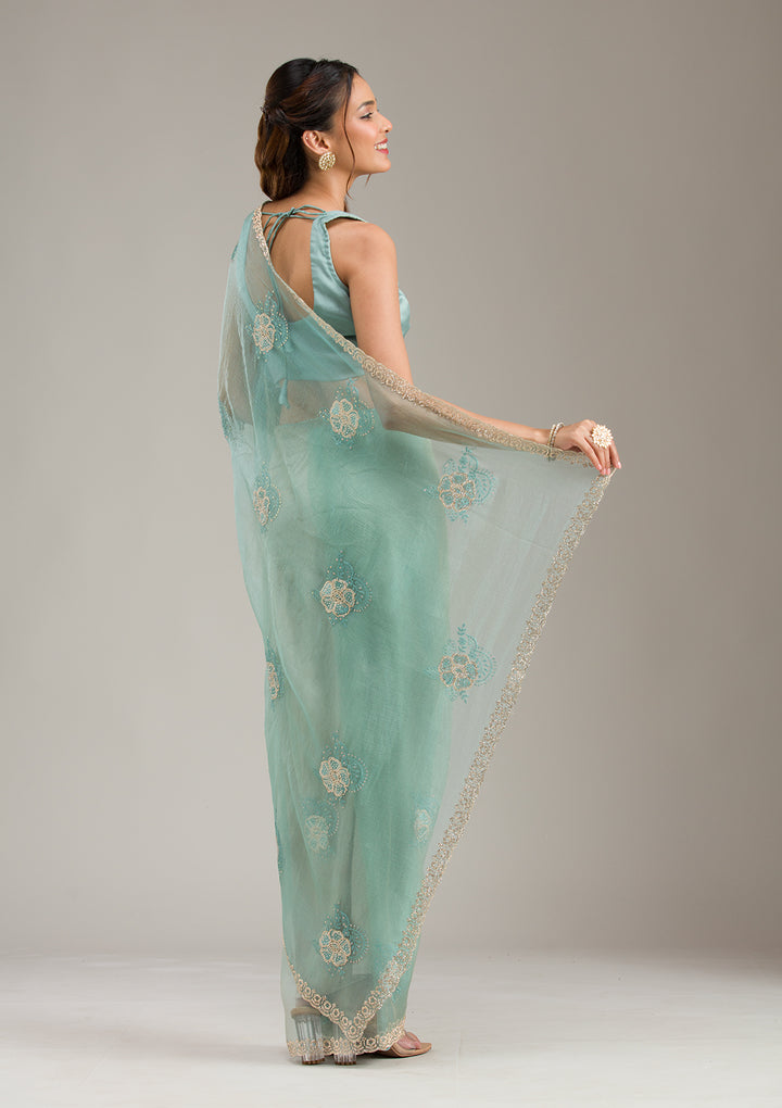 Sea Green Threadwork Chiffon Saree