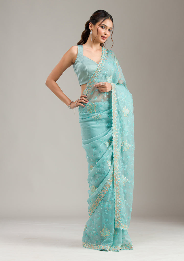 Sky Blue Cording Tissue Saree