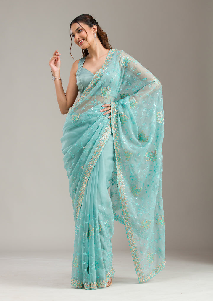 Sky Blue Cording Tissue Saree