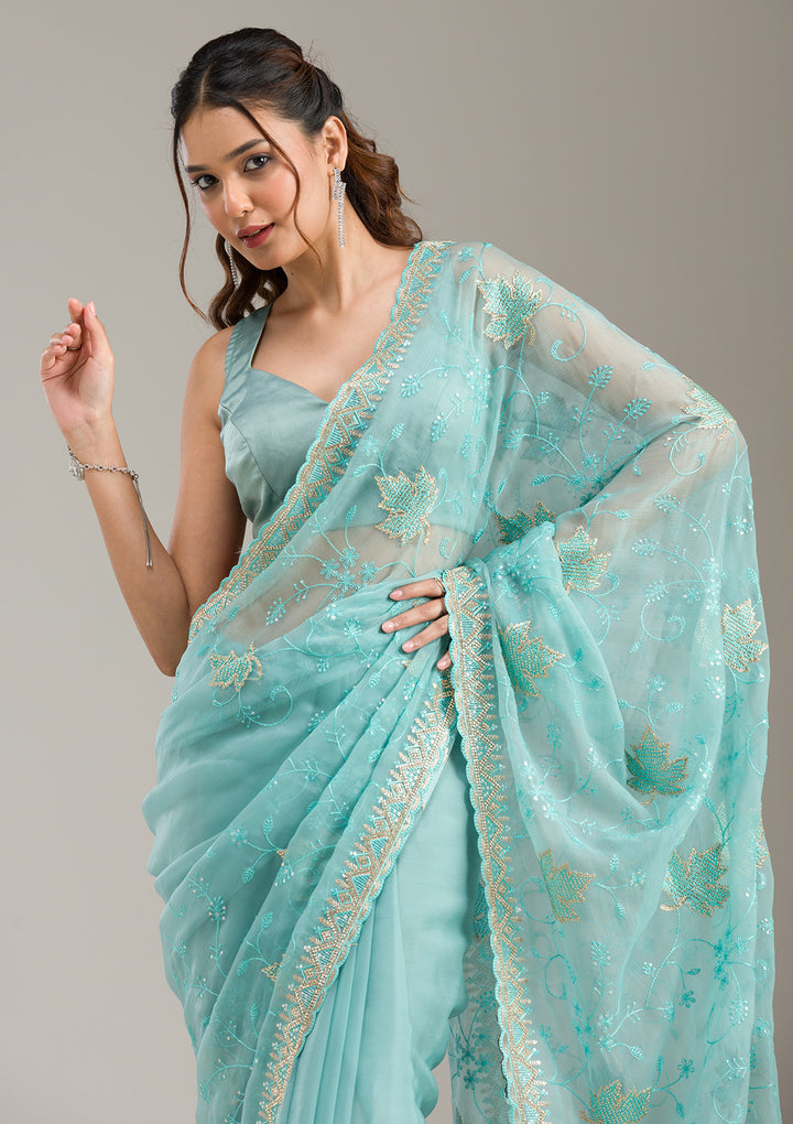 Sky Blue Cording Tissue Saree
