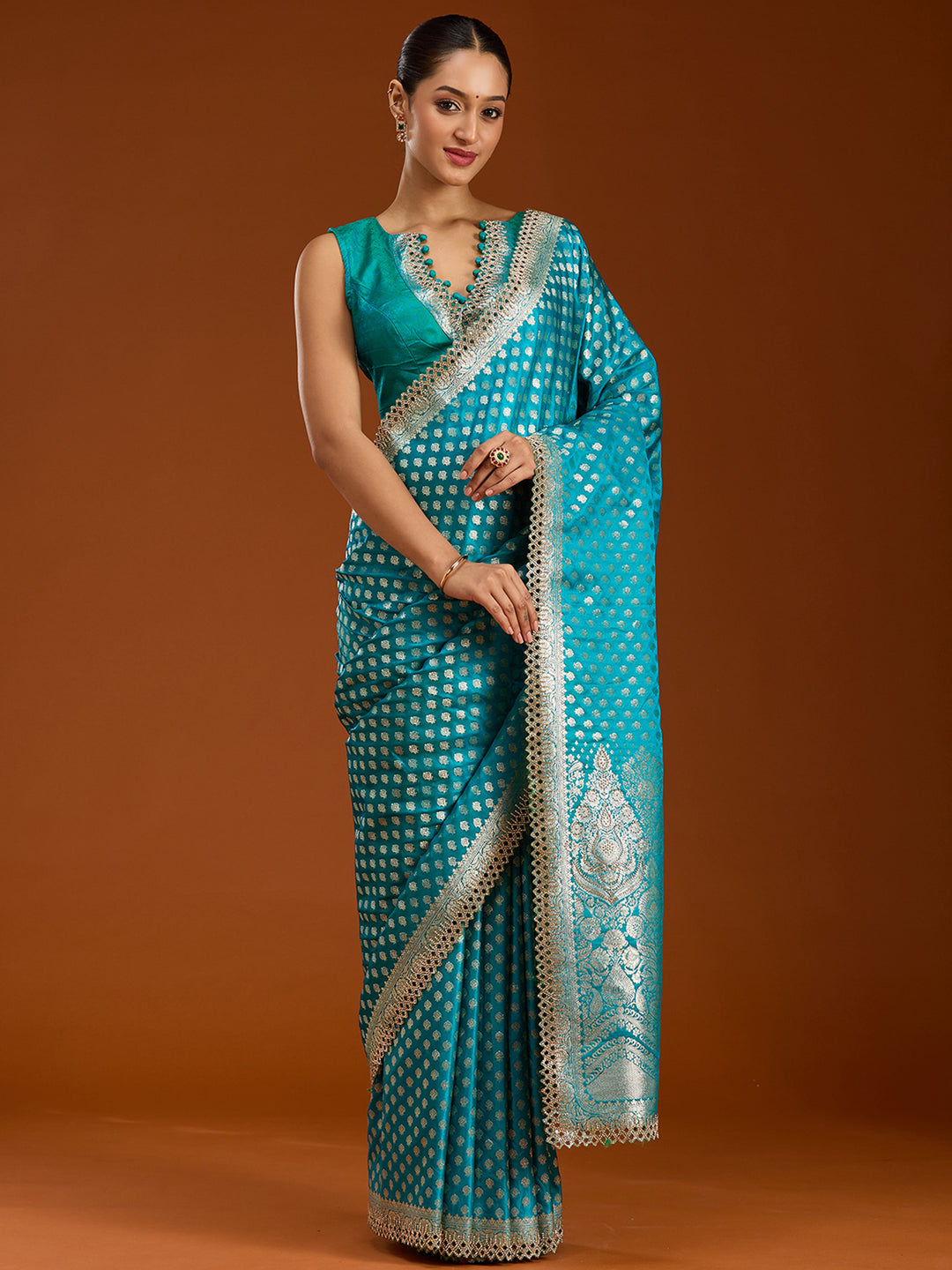 Peacock Blue Stonework Silk Saree