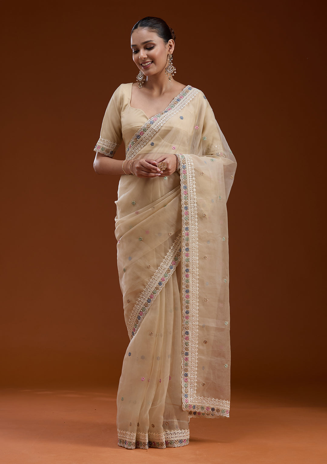 Beige Threadwork Tissue Saree