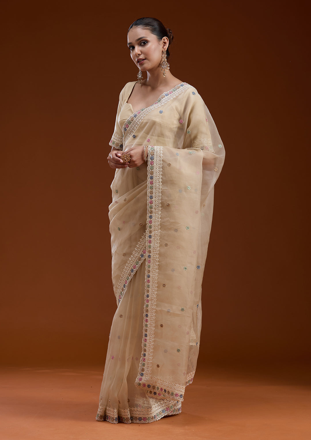 Beige Threadwork Tissue Saree