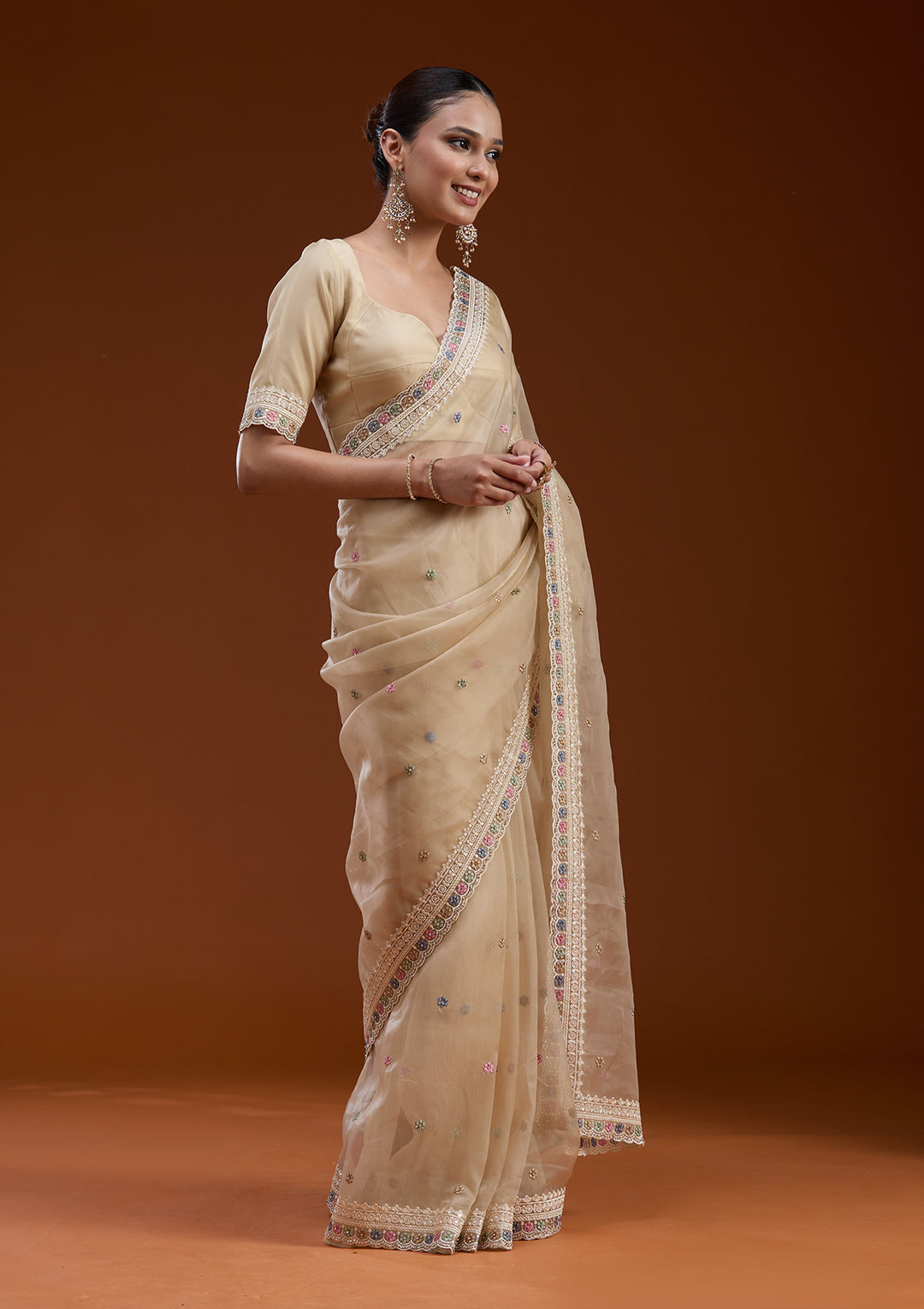 Beige Threadwork Tissue Saree
